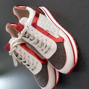 NWOT Michael Kors Monogram White, Brown, and Red Lace-Up Sneakers (Size 8 Women)